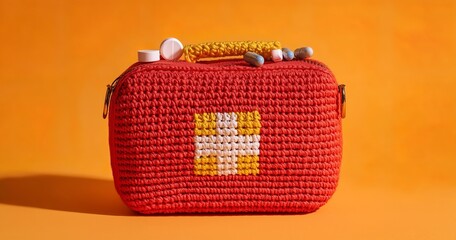 Colorful Crochet Cosmetic Bag on Orange Background