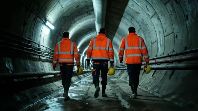 Workers in high-visibility jackets walking through a dark tunnel construction site, Workers carrying safety helmets on a construction site in a tunnel