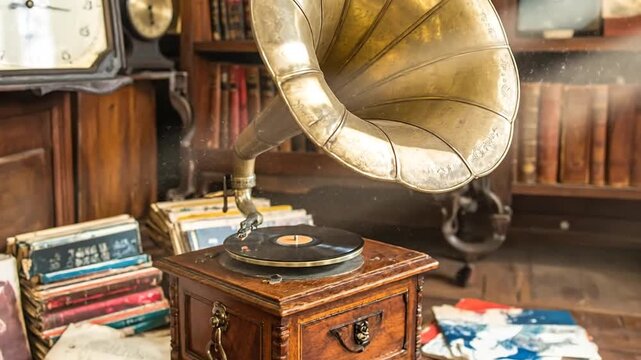 A vintage gramophone sits on a wooden cabinet amidst a stack of books and a classic clock