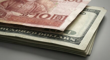 Stack of American dollar bills with Chinese yuan banknote on top, currency exchange concept.