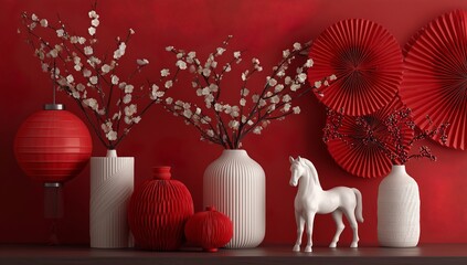 Elegant Red Still Life with Decorative Vases and Blossoms