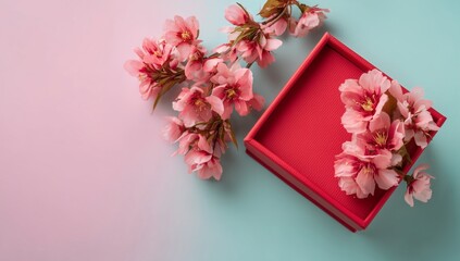 Red Gift Box with Pink Cherry Blossoms on Colorful Background