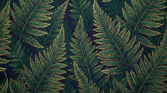 Textured dark green fern leaves with gold accents creating a repeating pattern