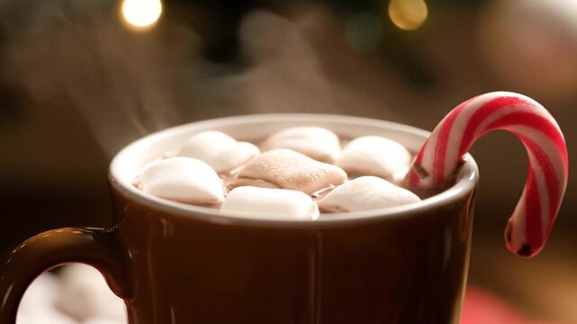 A cozy cup of hot chocolate topped with fluffy marshmallows and a festive peppermint stick, set against a softly blurred background of warm holiday lights and decorations