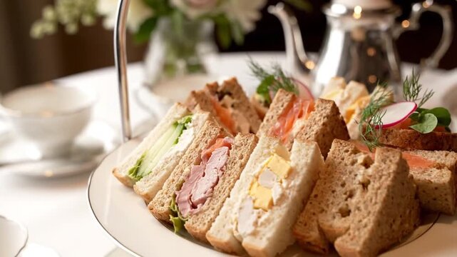 A beautifully arranged platter of assorted sandwiches including ham, egg, and vegetable fillings, served elegantly on a tiered stand in a cozy tea setting with floral decorations