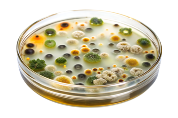 Petri dish with various colored mold and bacteria growth on agar gel isolated on a white background microorganisms