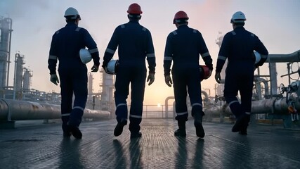 Industrial workers in hard hats walking at a refinery with sunset background, Four oil rig workers in uniform walking away from camera