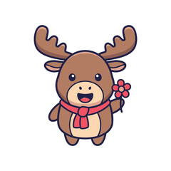 Fototapeta premium Adorable Cartoon Moose with Red Scarf and Flowers