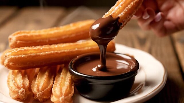 A hand dipping a crispy churro into a rich chocolate sauce, with freshly made churros arranged neatly on a wooden table, creating a warm and inviting dessert scene