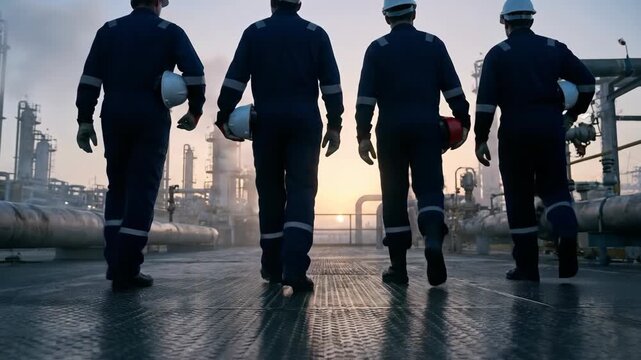 Industrial workers walking at sunrise on a platform overlooking an oil refinery, Back view of workers in safety gear at an industrial complex during dawn