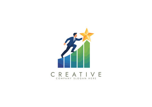 Achievement or business success growth chart achieving success with star goal logo vector design