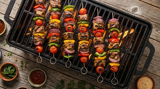 Grilling seasoned meat and vegetable skewers over hot coals, barbecue food preparation outdoor, kebab, skewer.