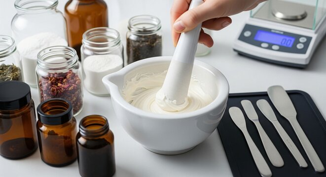 Hand using mortar and pestle to mix cream surrounded by glass jars with ingredients and digital scale