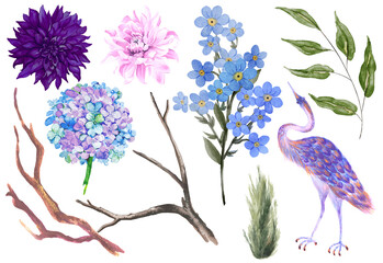 Fototapeta premium Chinoiserie antique watercolor style bird peonies trees and flowers. exotic forest garden greenery isolated elements