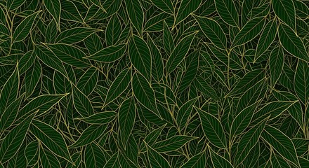 Rich dark green leaves with intricate golden outlines create a dense botanical pattern on a black background
