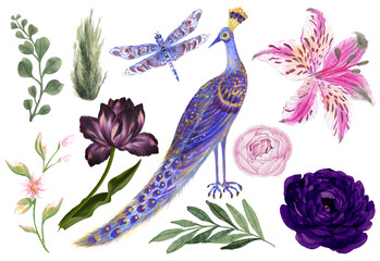 Fototapeta premium Chinoiserie antique watercolor style bird peonies trees and flowers. exotic forest garden greenery isolated elements