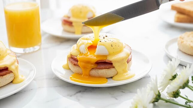 Egg benedict breakfast dish, rich hollandaise sauce oozing, morning meal food photography egg benedict.