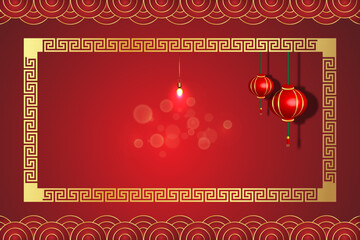 Chinese New Year background with red paper lanterns and gold frame.