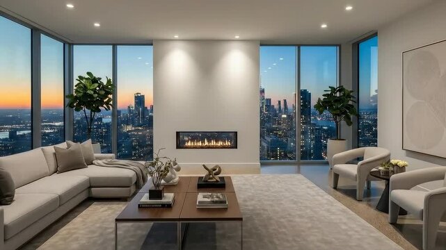 Luxurious skyline sunset view from modern highrise apartment interior