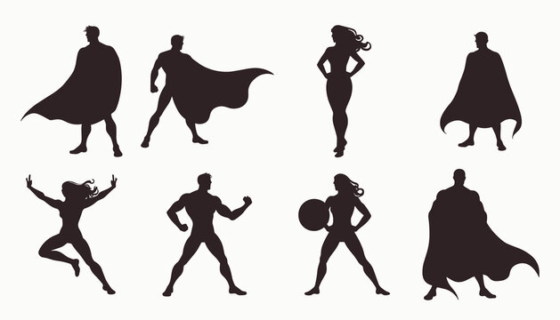 silhouettes of diverse superheroes in dynamic poses 
