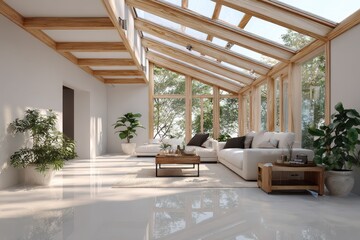 Obraz premium Sunlit modern interior beneath a glass roof skylight illuminating a minimalist living space