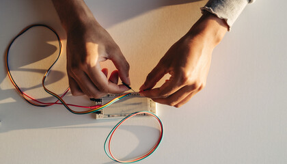 Hands Connecting Wires on a Simple Circuit Board. Educational / eLearning & Up-skilling. Two hands gently connecting wires to electronic circuit board, an online electronics practical course.

