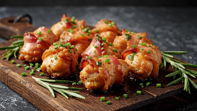 A beautifully arranged platter of bacon-wrapped chicken bites garnished with fresh herbs, set on a rustic wooden board, with a dark textured background enhancing the appetizing presentation