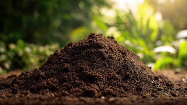 Sunlit mound of rich garden soil with crumbling loam texture in natural outdoor setting