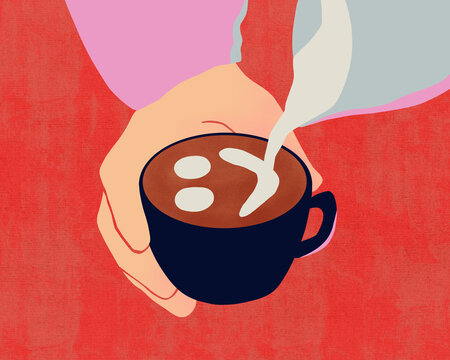 Pouring a happy face into espresso coffee drink
