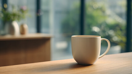 Obraz premium White ceramic mug on a wooden table in a cozy cafe with sunlight and green scenery outside the window, morning coffee atmosphere. 