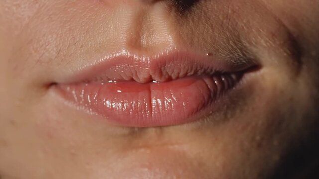 close-up cinematic woman&rsquo;s lips natural shape texture morning sunlight reflecting, tiny water droplets lips focus surrounding skin, shallow depth of field natural breathing movement HD, slow-motion