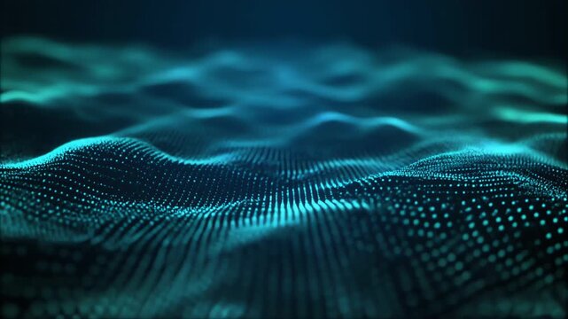 A wavy, digital landscape composed of small, illuminated points in varying shades of blue