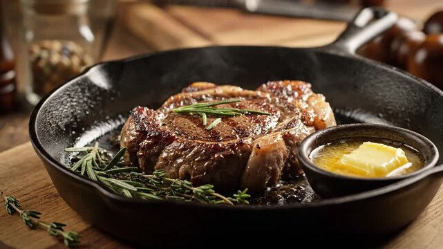 A perfectly seared steak served in a cast-iron skillet with fresh herbs and a pat of butter melting beside it, creating an inviting and appetizing presentation for culinary enthusiasts