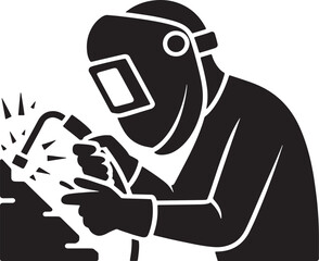 Black and white silhouette of a welder wearing a mask and protective gear working with a welding torch