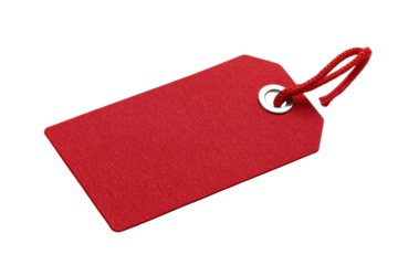 Red textured paper tag with metal grommet and red string on black image