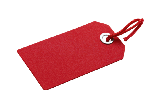 Red textured paper tag with metal grommet and red string on black image - Powered by Adobe