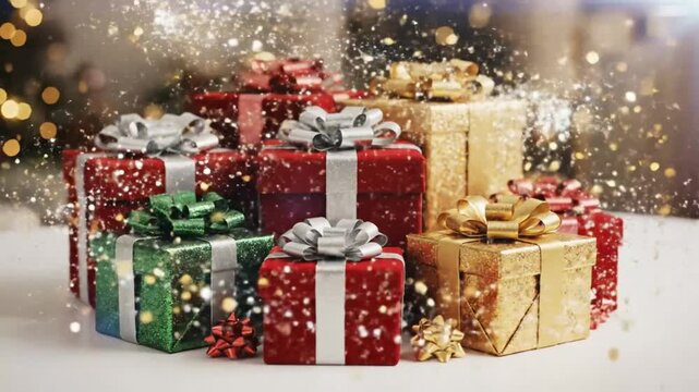 Festive Christmas gift boxes stacked together with shimmering sparkle and bokeh lights creating joyful holiday atmosphere
