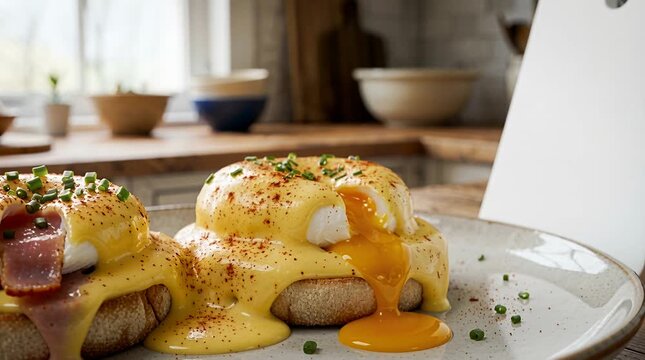 Delicious eggs benedict with runny yolk, hollandaise sauce, chives, and paprika on toast eggs benedict.