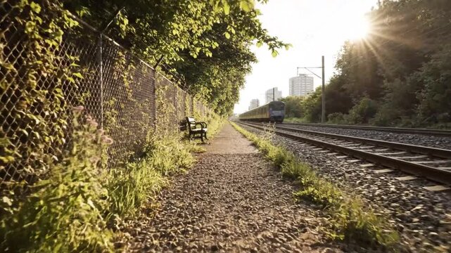 Suburban morning scene with train passing along gravel path near metal fence and bench, with sunshine