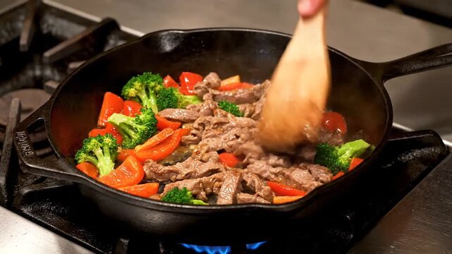 A chef skillfully stirs sizzling beef and vibrant vegetables in a cast-iron skillet on a commercial stove, creating a delicious stir-fry dish in a busy kitchen environment