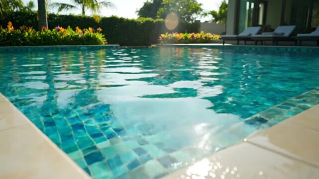 Tranquil shimmering turquoise water surface of a resort swimming pool with a mosaic tile border in the sunshine