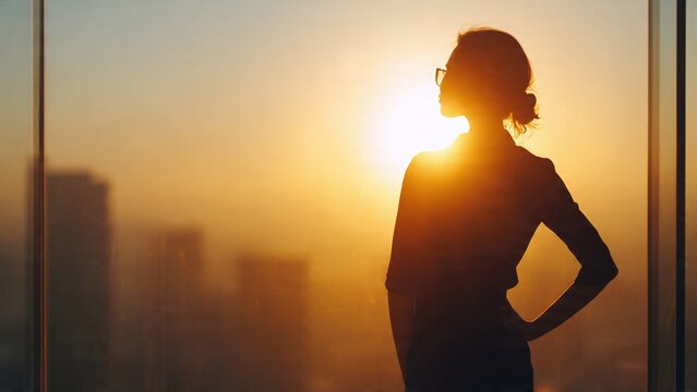 Businesswoman standing near window looking at sunrise over city with confident posture, concept of positive outlook, strategic optimism and long term economic growth after crisis, realistic corporate 