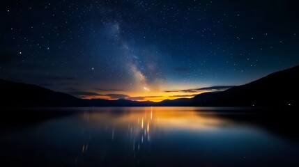 Fototapeta premium Starlit night sky reflection over calm lake nature photography tranquil environment serene view captivating landscape scene