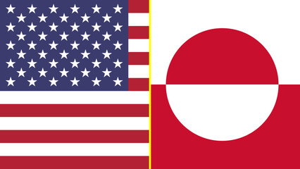 American and Greenland flag divided by yellow line showing concept of bilateral relations