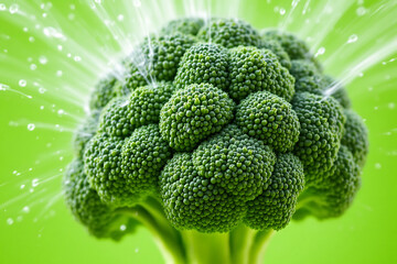 Fresh green broccoli crown with water droplets and mist on green background