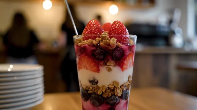 A vibrant parfait glass filled with layers of yogurt, granola, and fresh strawberries, served on a wooden table in a cozy caf&eacute; setting with blurred patrons in the background
