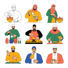 Islamic Cuisine Preparation: Depicting a series of figures meticulously preparing traditional Islamic cuisine, emphasizing the cultural richness and meticulousness of the culinary process.