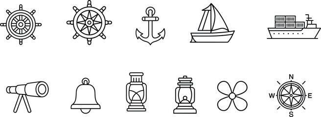 Nautical marine outline icon set with ship wheel anchor boat compass lantern sailing navigation sea vector illustration © Amelia's orld