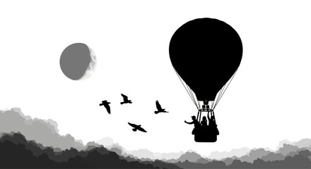 Hot Air Balloon Flying with Birds. © Alhakbin