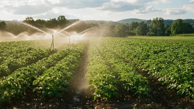 Vibrant potato farm irrigation under sunny skies with lush green rows and modern sprinklers